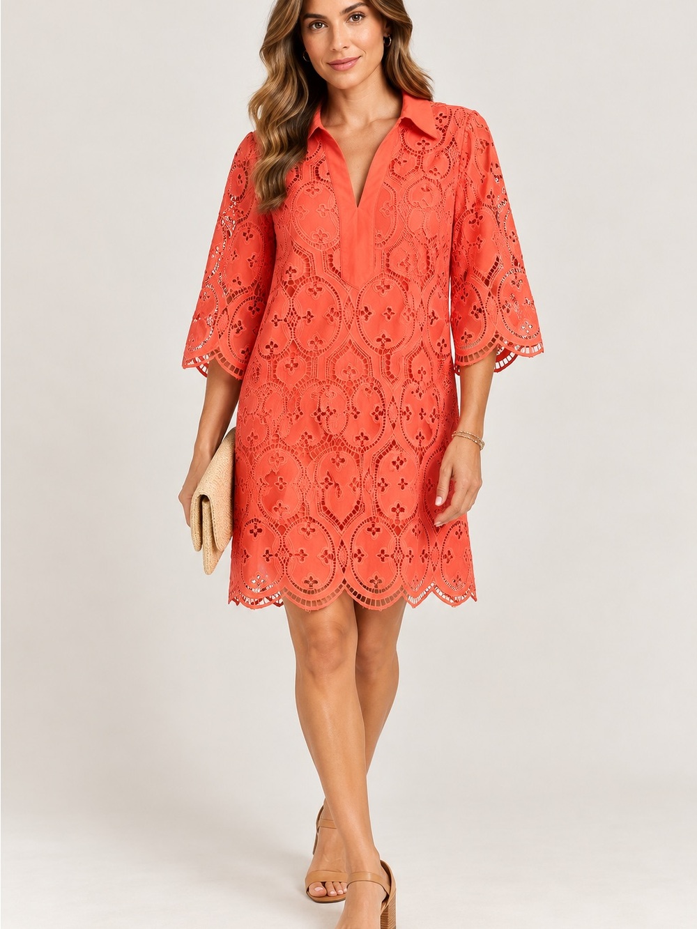Scalloped Coral Eyelet Cover-Up Dress with Collar M